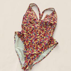 Old Navy micro floral one piece swimsuit | colorful pink yellow strappy back 2X